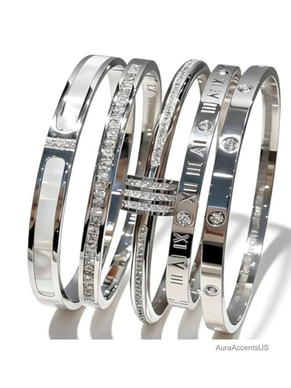 5-Piece Stainless Steel Bangle Bracelet Set, Gold Plated, Tarnish Resistant,